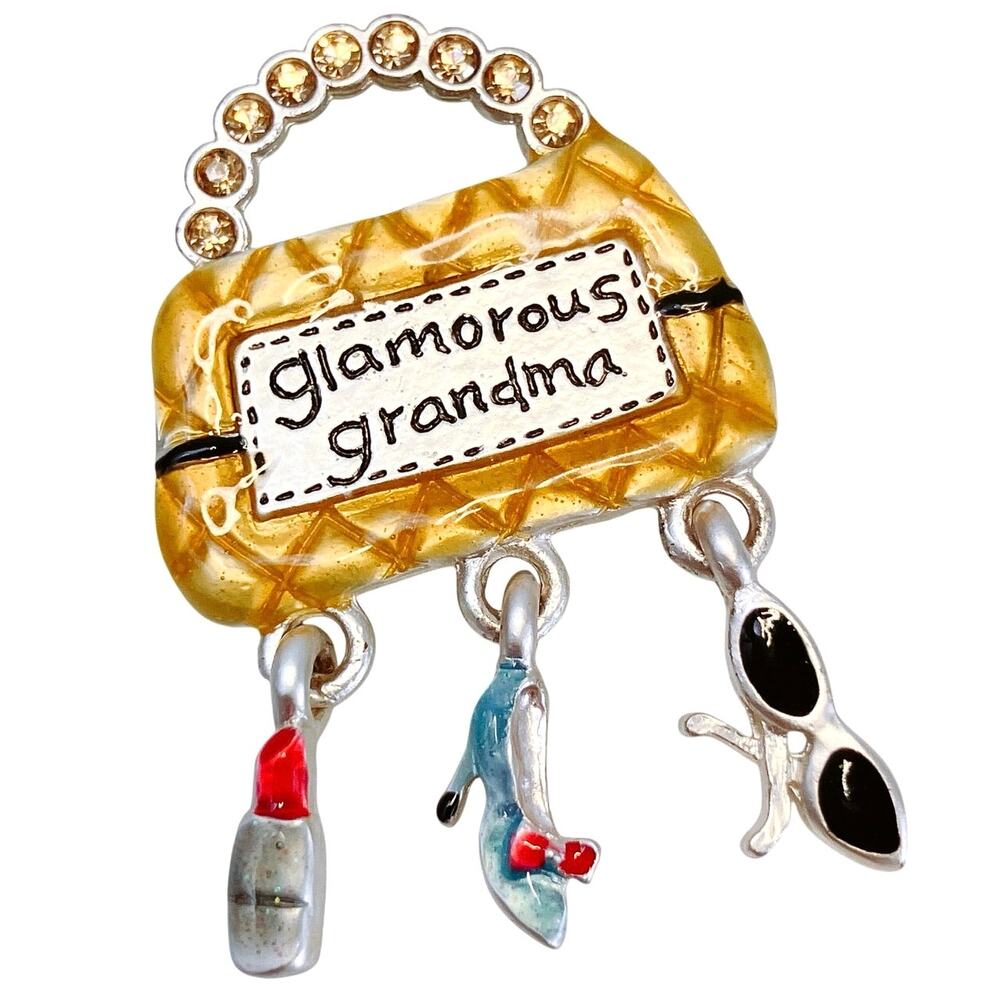 VTG AJMC Y2K Novelty Glamorous Grandma Handbag Charm Brooch Enamel Signed